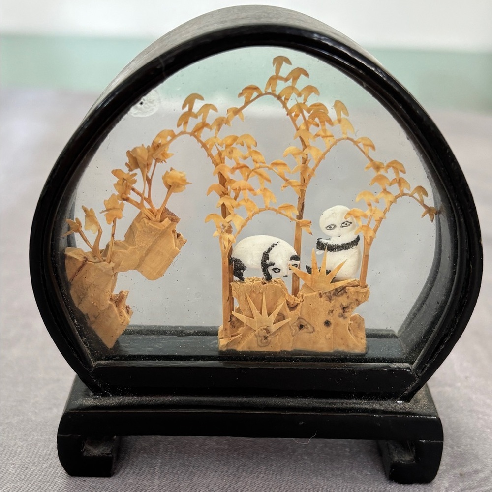 Vintage Cork Carved Panda Shadow Box Diorama Wood Glass Retro
